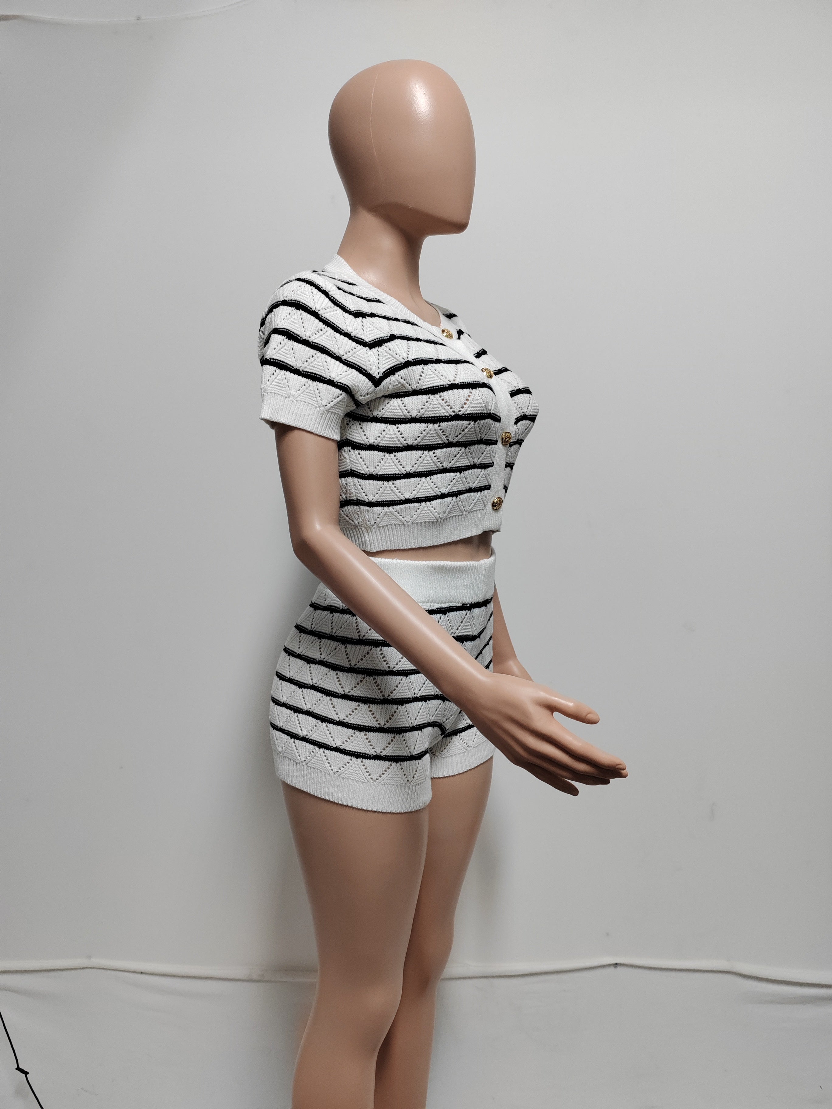 Women Short Sleeve Striped Top and Shorts Two Piece Set 6