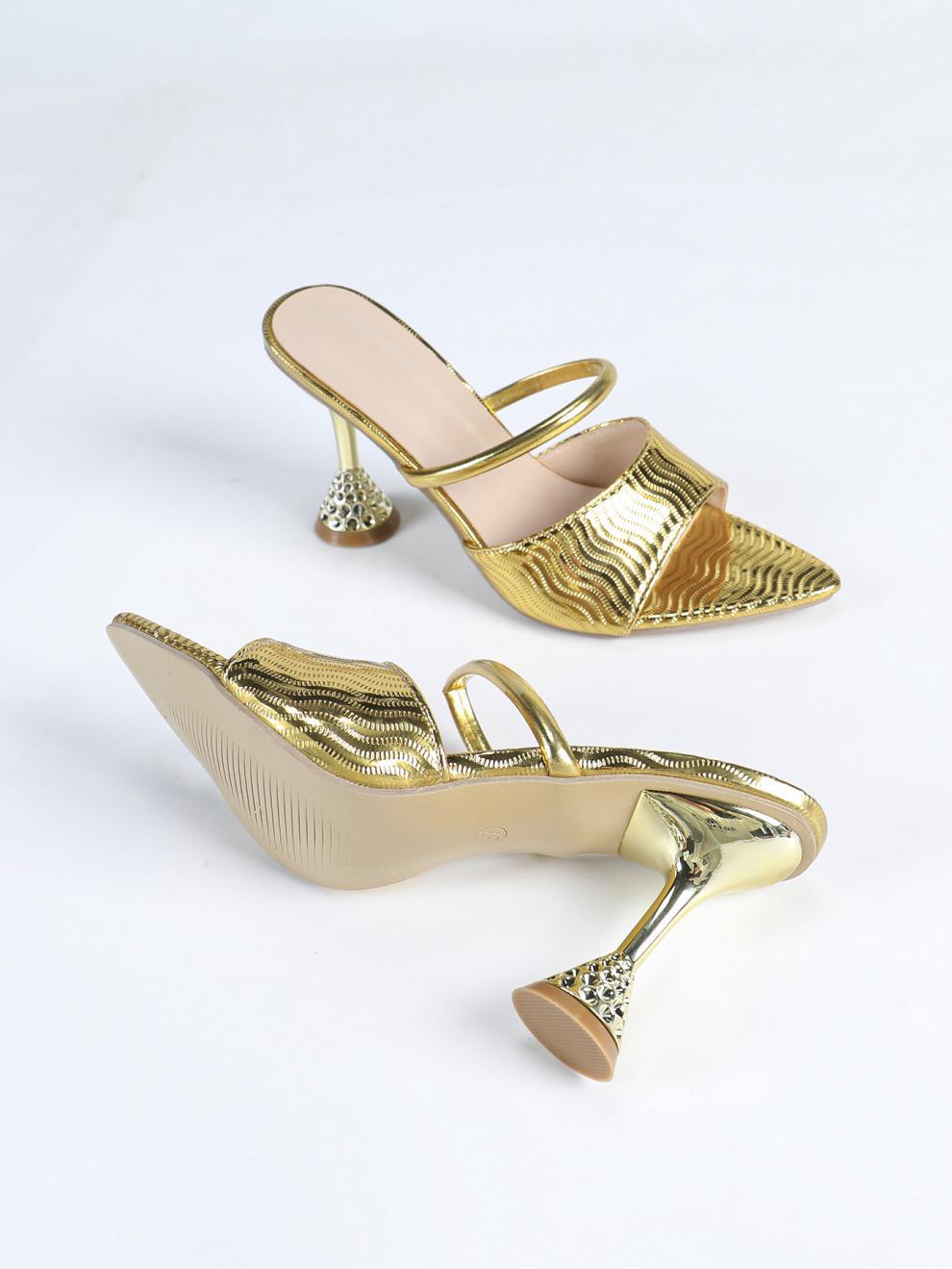 Women Pointed-Toe High-Heeled Gold Slipper Heels 6