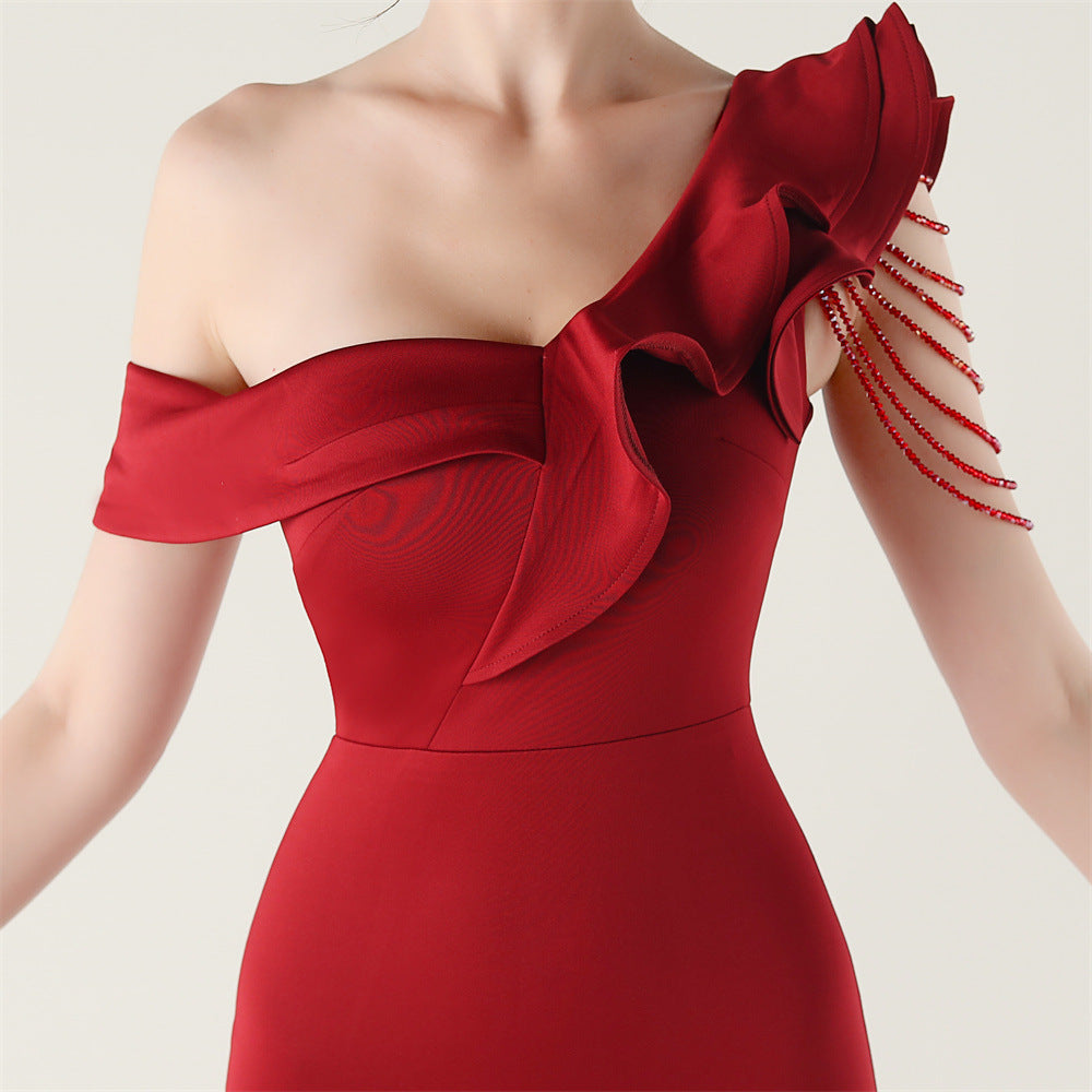 Women ruffled one-shoulder beaded fishtail formal party evening dress 19