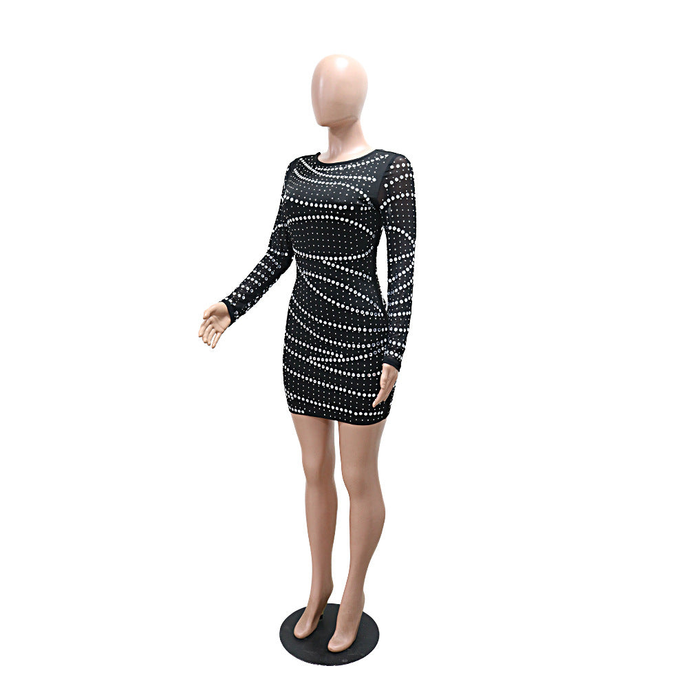 Women Sexy Round Neck Long Sleeve Beaded Backless Bodycon Dress 6