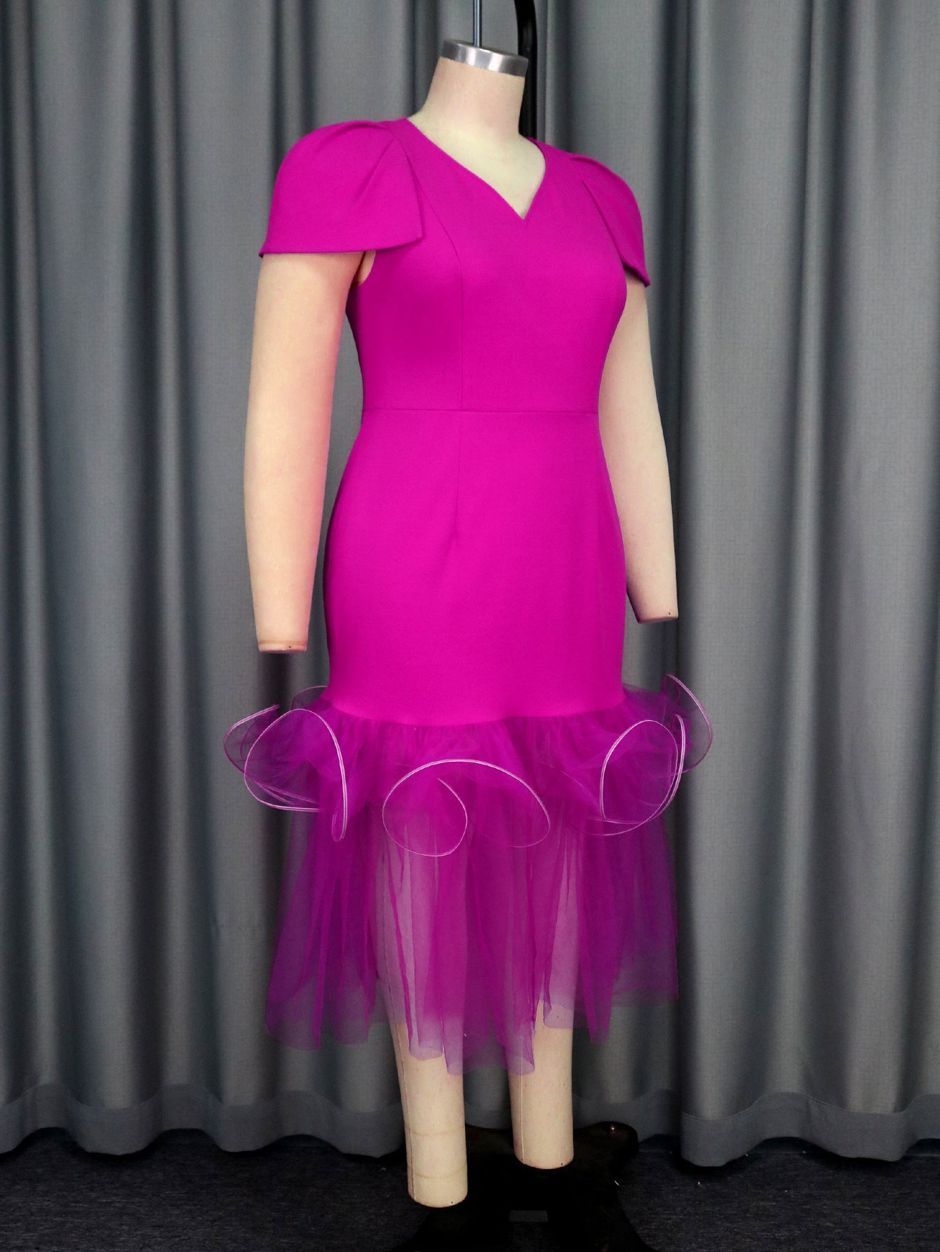 Fashion V-Neck Puff-Sleeve Mesh Patchwork Fashion Fishtail Party Dress 6