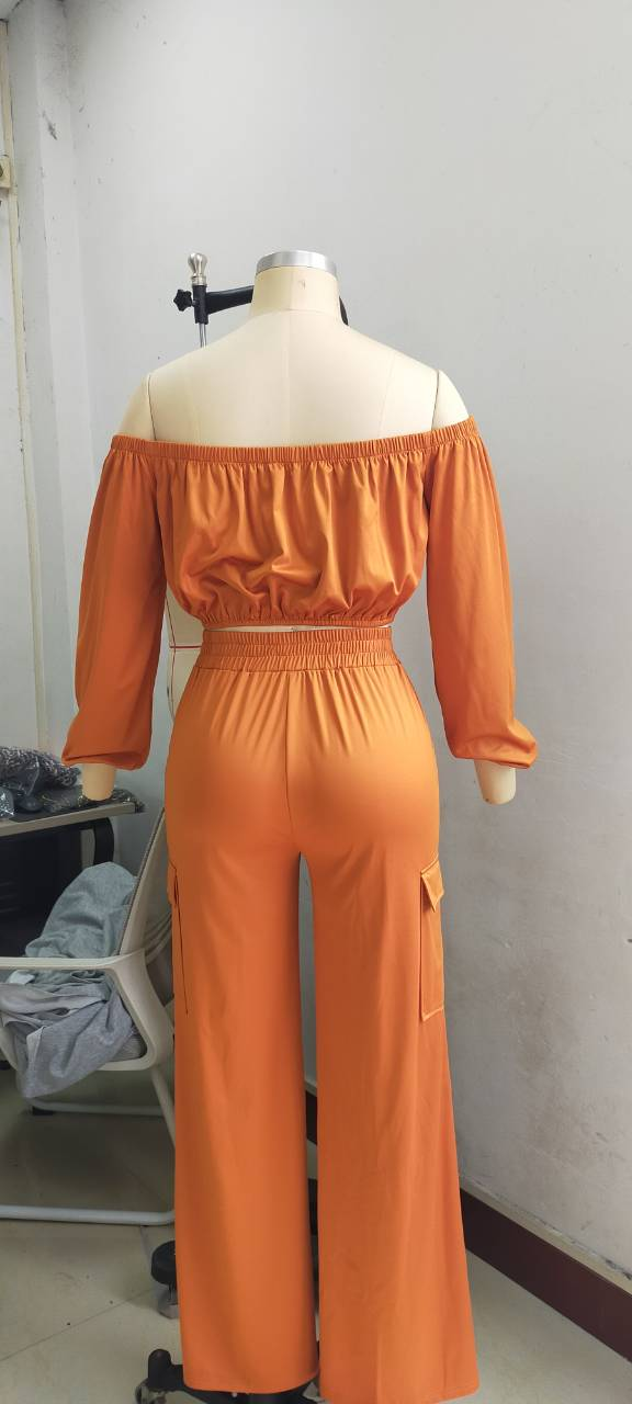 Women Solid Sexy Off Shoulder Long-sleeved Top and Wide-leg Pants Two-piece Set 14