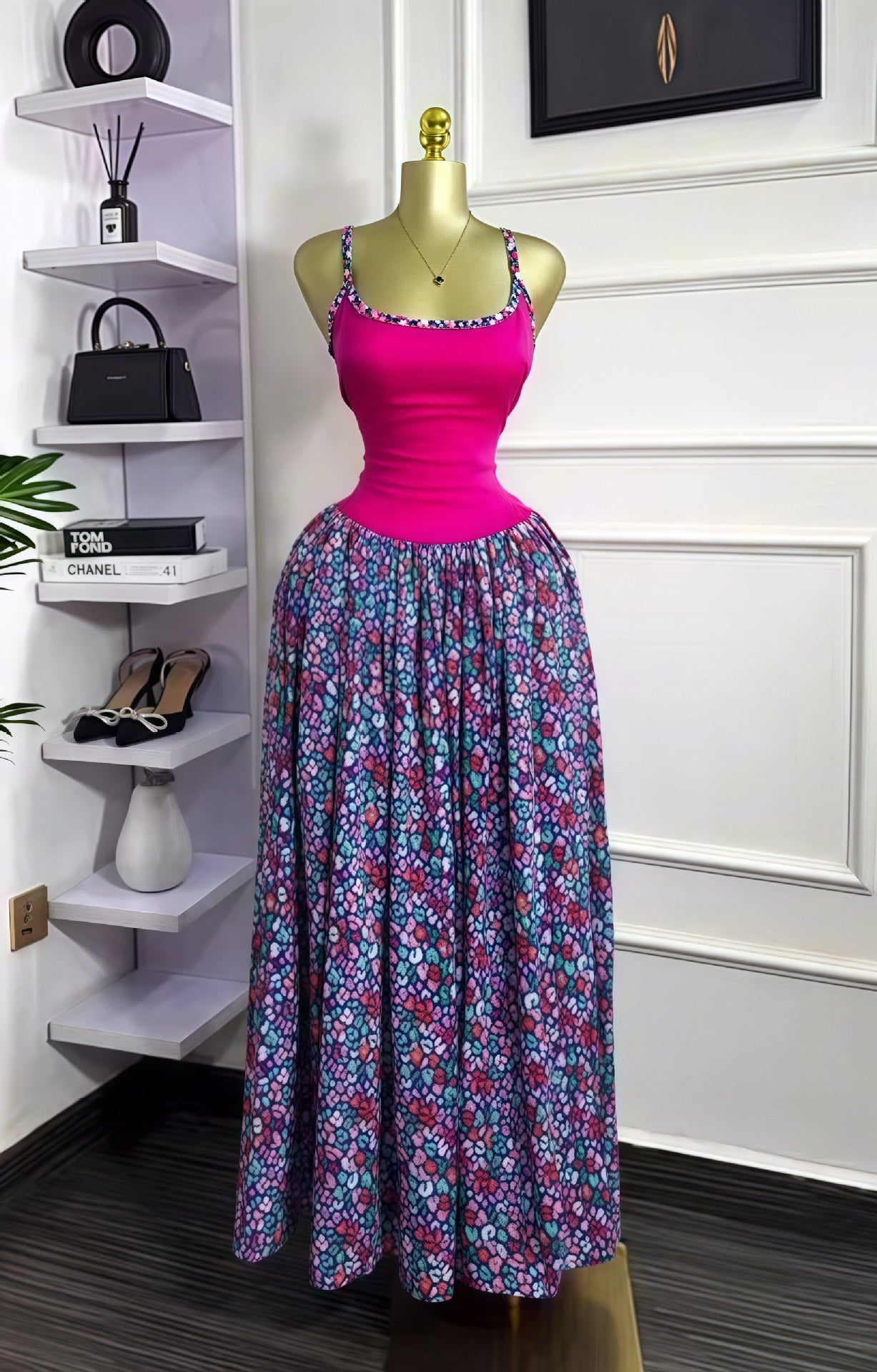 Women's Summer Sleeveless Print Sexy Strap Pleated Long Dress 3