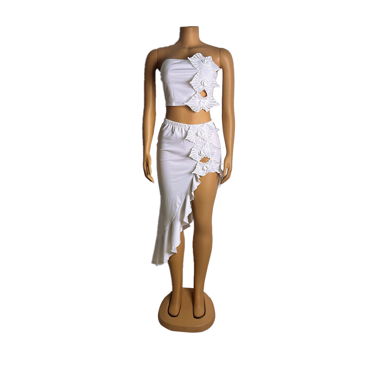 Women Slit Strapless Ruffle Lace Top and Skirt Two-Piece Set 9