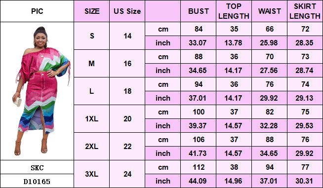 Plus Size Off Shoulder Printed Bat Sleeves Top Split Long Skirt Two Piece Set 10