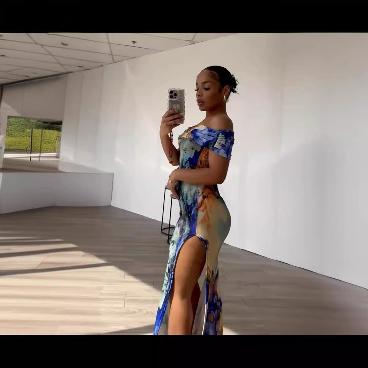 Women Multi-Color Printed Off Shoulder Sexy Slit Dress 5