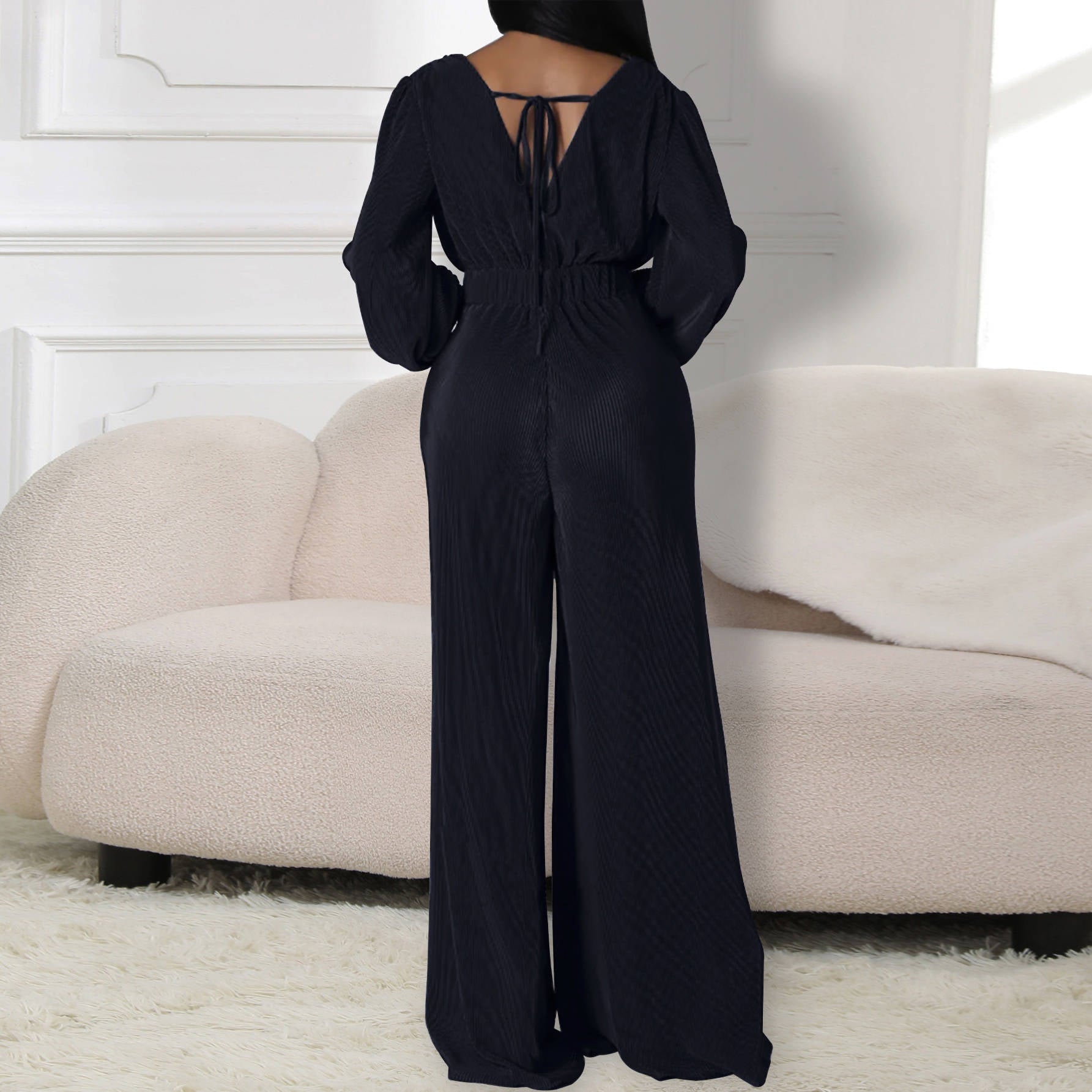 Spring And Autumn Women's Long Sleeve V-Neck Slim Waist Casual Jumpsuit