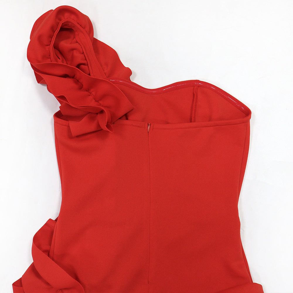 Women one shoulder ruffle edge formal party bodycon dress 19