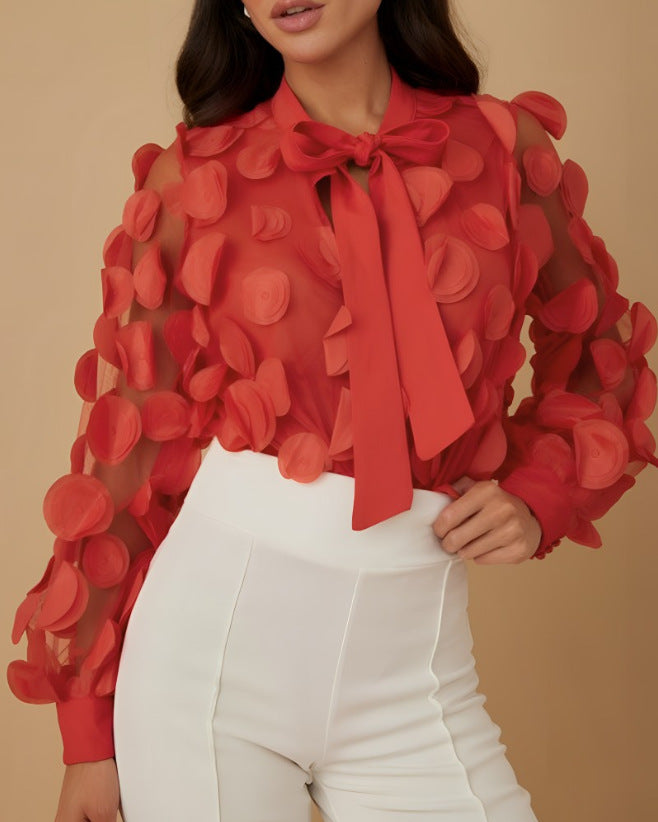 Women's Tie Chiffon Shirt Hollow Lantern Sleeves Trendy Mesh Shirt 7