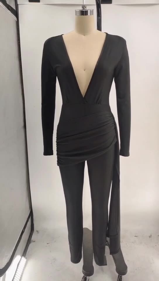 Women's Solid Color Sexy Deep V Neck Tight Fitting Long Sleeve Jumpsuit 14
