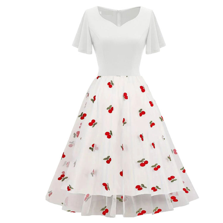 Summer Wear Embroidered Mesh Patchwork Midi A-Line Dress Women's Clothing 7