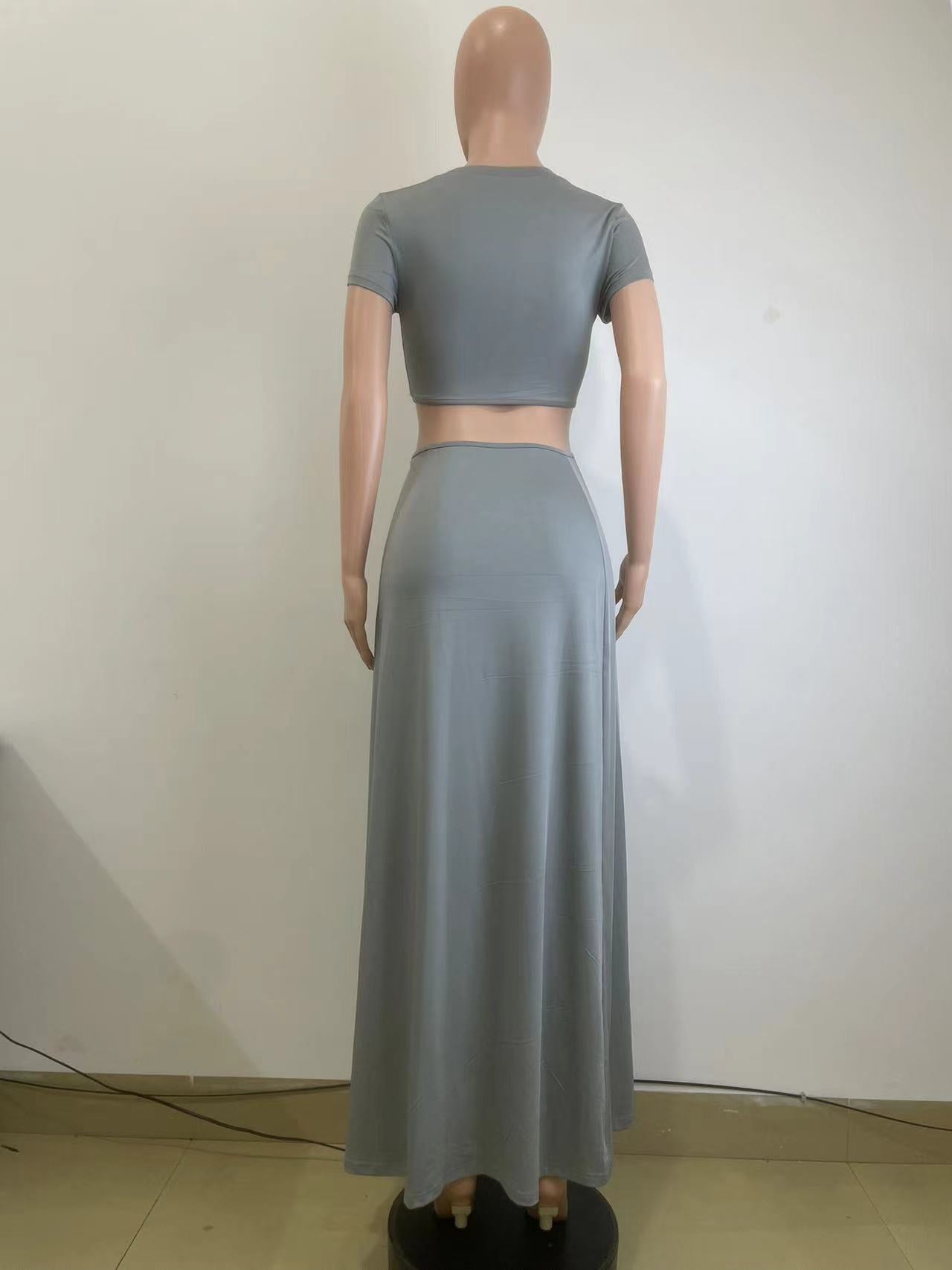 Women summer Cut Out beaded short sleeve Crop Top and Long Skirt two-piece set 9