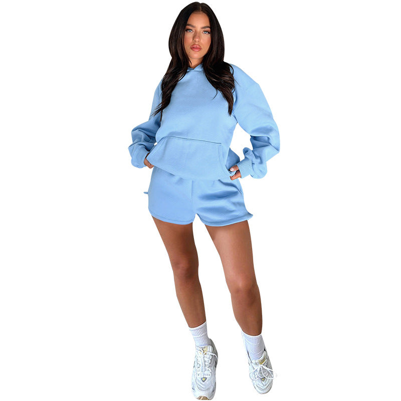WomenSolid Long Sleeve Hoodies and Casual Shorts Two-Piece Set 10
