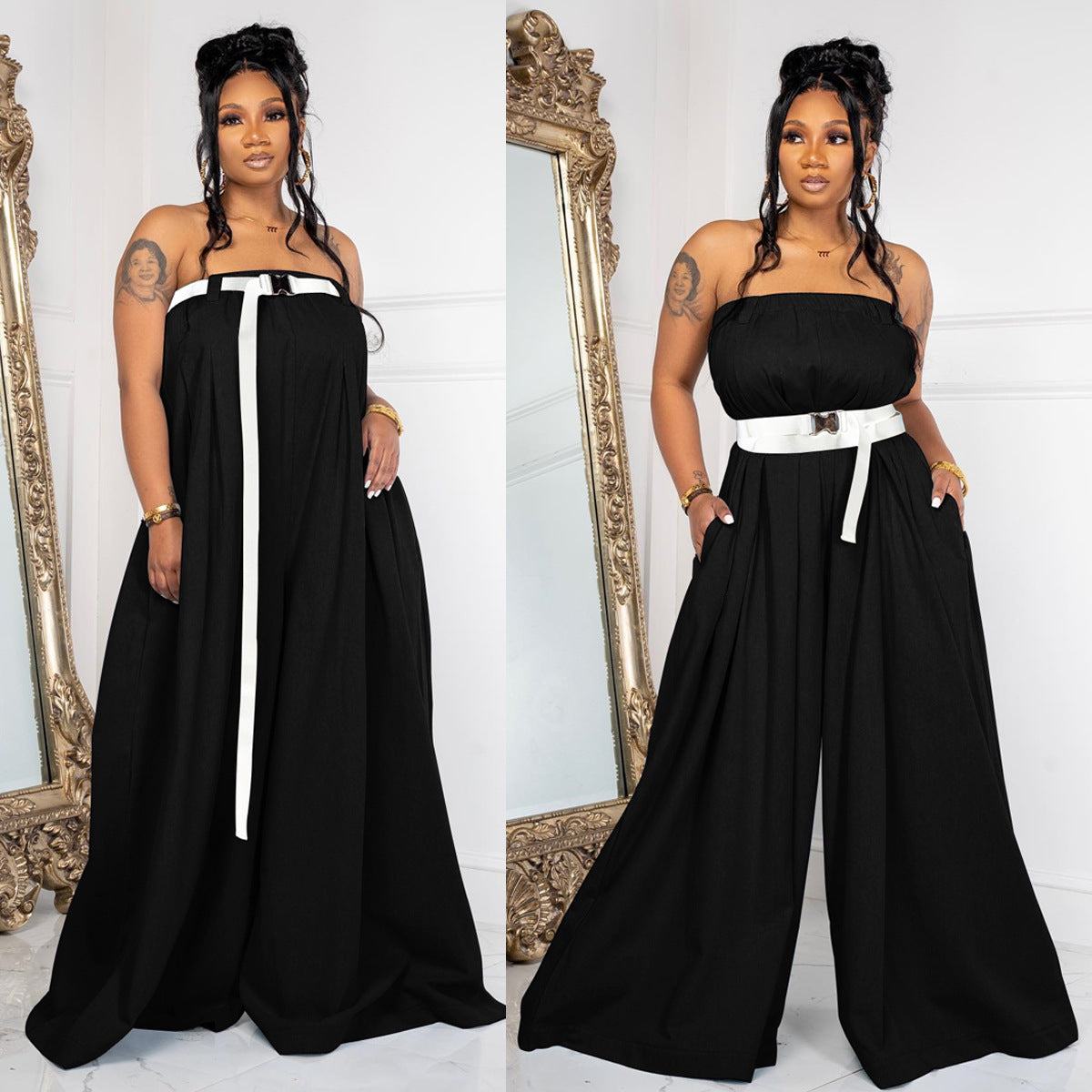 Fashion Long Strapless Wide Leg Pants Summer Jumpsuit With Belt 6
