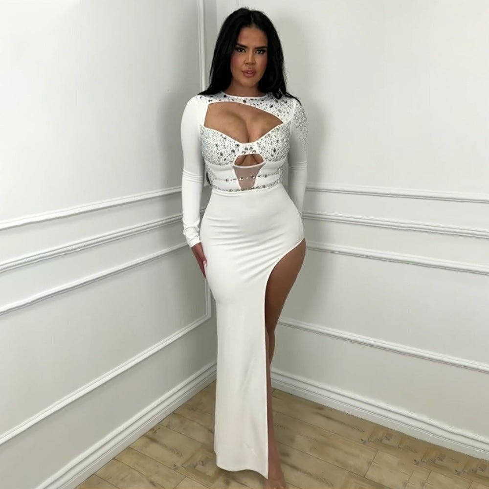 Women Round Neck Long Sleeve Beaded Hollow High Slit Dress