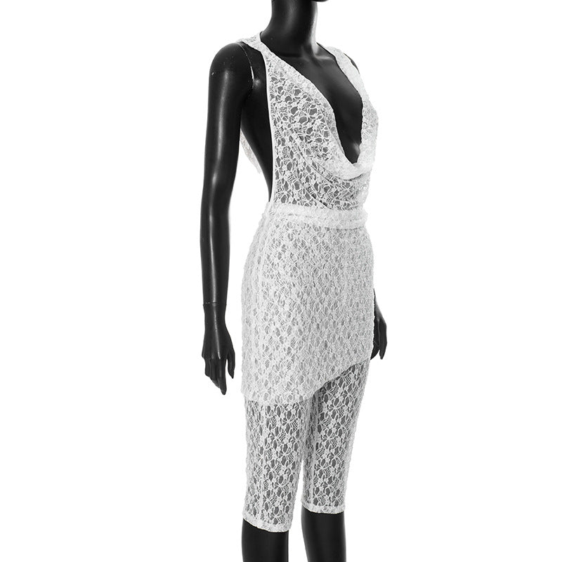 Women's spring and summer lace hood Halter Neck deep pile collar  Low Back Patchwork Dress and pants set 8