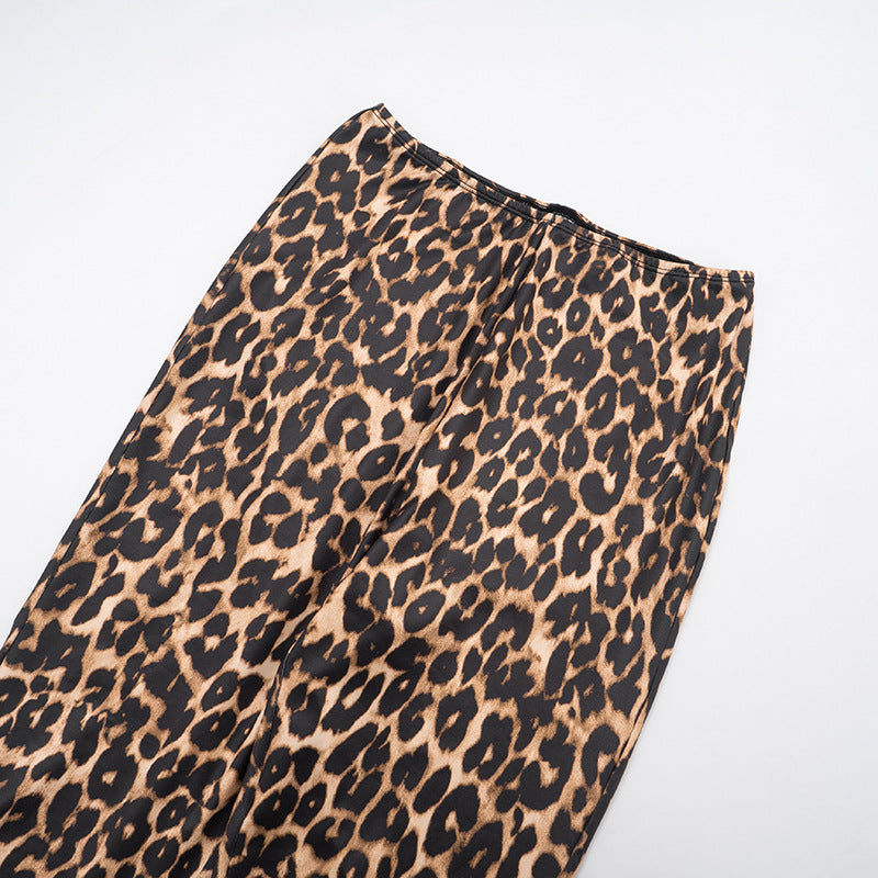 Women's Autumn Winter Leopard Print Off Shoulder Deep V-Neck Finger Sleeve High Waist Pants Set 19
