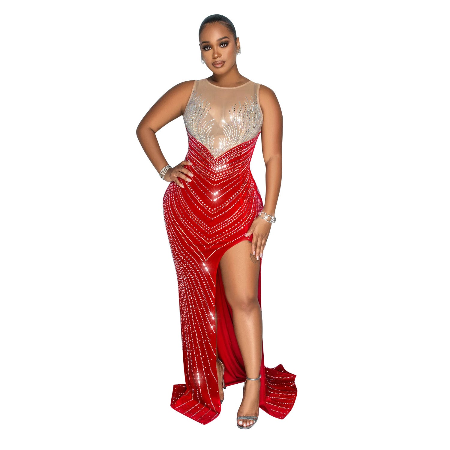 Spring Velvet Patchwork Mesh Beaded Sleeveless Nightclub Long Dress 12