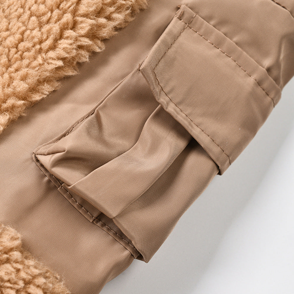 Fashionable Winter Lamb Wool Patchwork Multi-Pocket Short Zipper Jacket 5