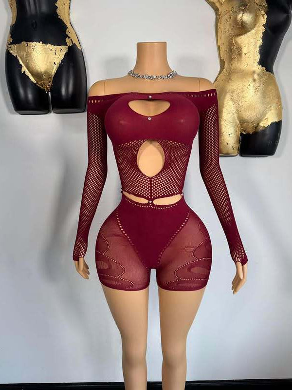 Women Sexy Hollow Off Shoulder Long Sleeve Top and Shorts Set 5