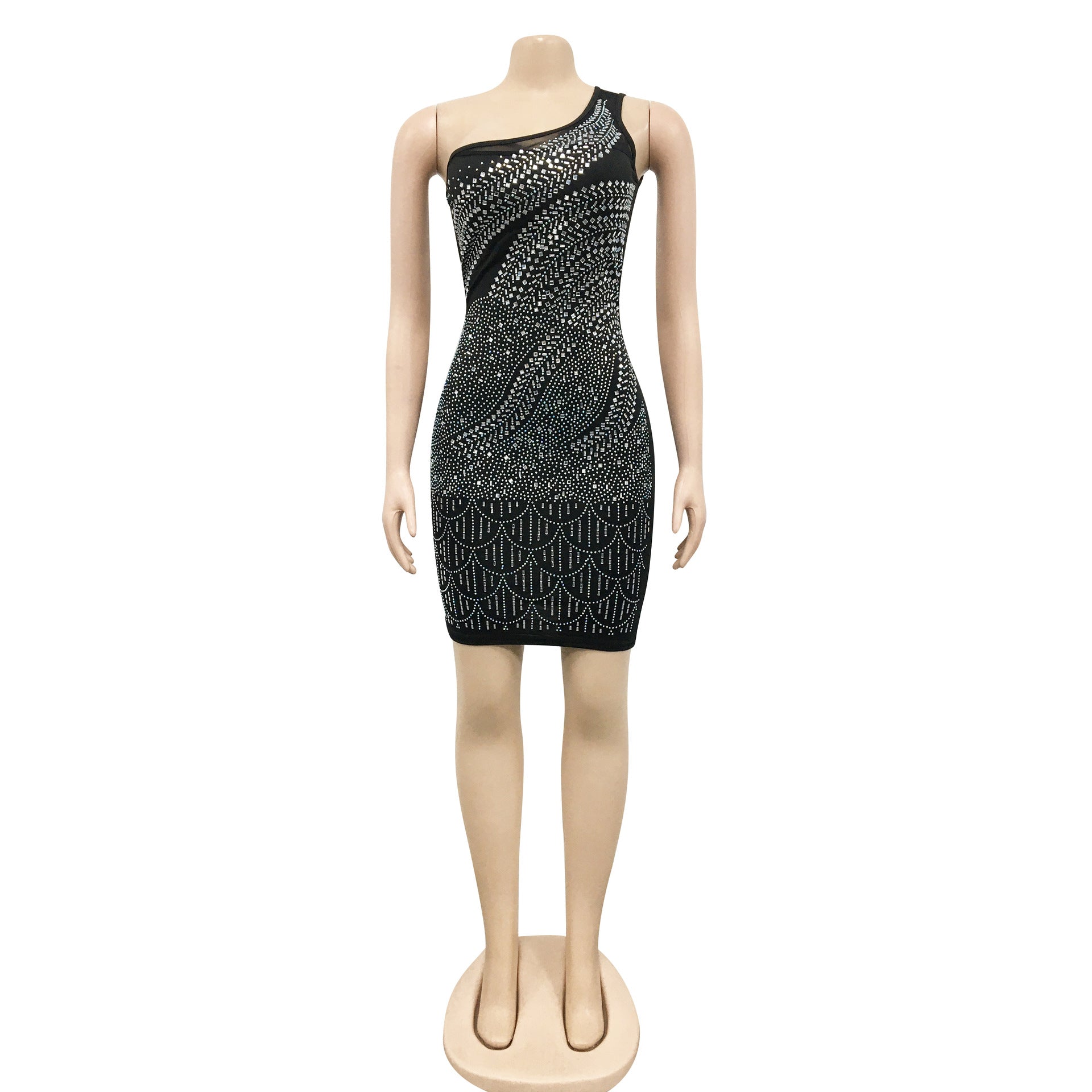 Trendy Nightclub Sexy Tight Fitting Beaded Slash Shoulder Women'S Club Dress 15