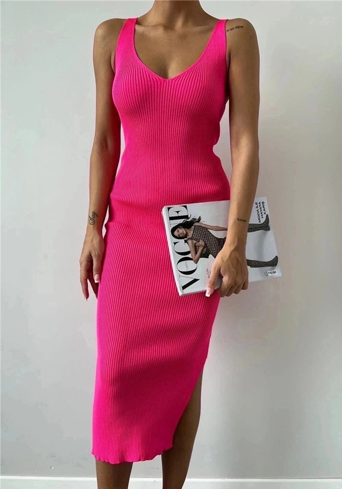 Women Summer Color Sleeveless Round Neck Ribbed Bodycon Dress