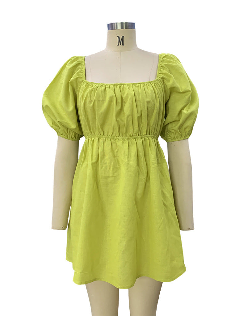 Spring Women's Fashion Square Neck Puff Sleeve Linen Dress 6