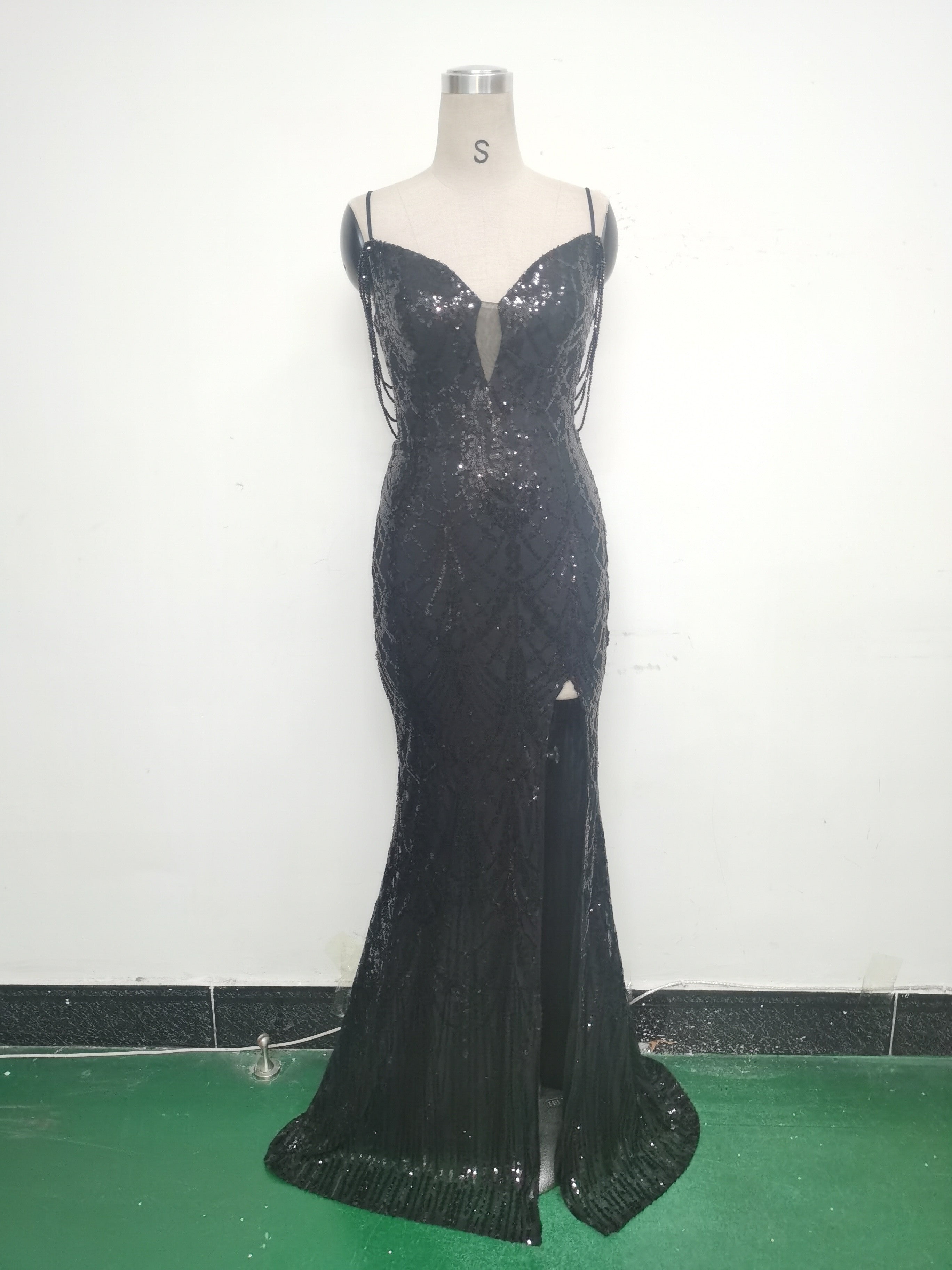 Women beaded sequin fishbone Lace-Up See-Through evening dress 28