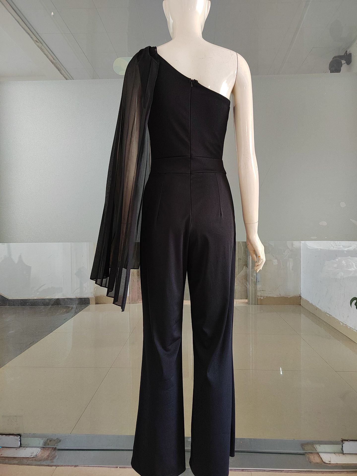 Women Sexy Black Stretchy Color-Block One-Shoulder Jumpsuit 7