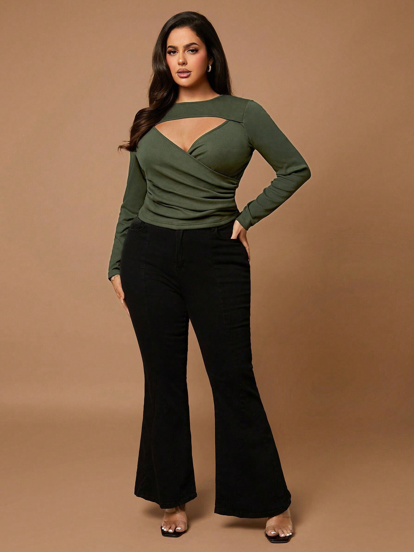 Autumn And Winter Plus Size Women's Sexy Hollow V-Neck Slim Long Sleeve Tops
