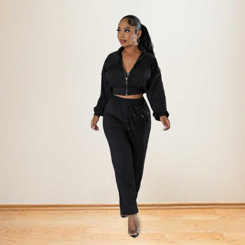 Women's Spring Casual Sequined Long Sleeve Two-Piece Pants Set 5