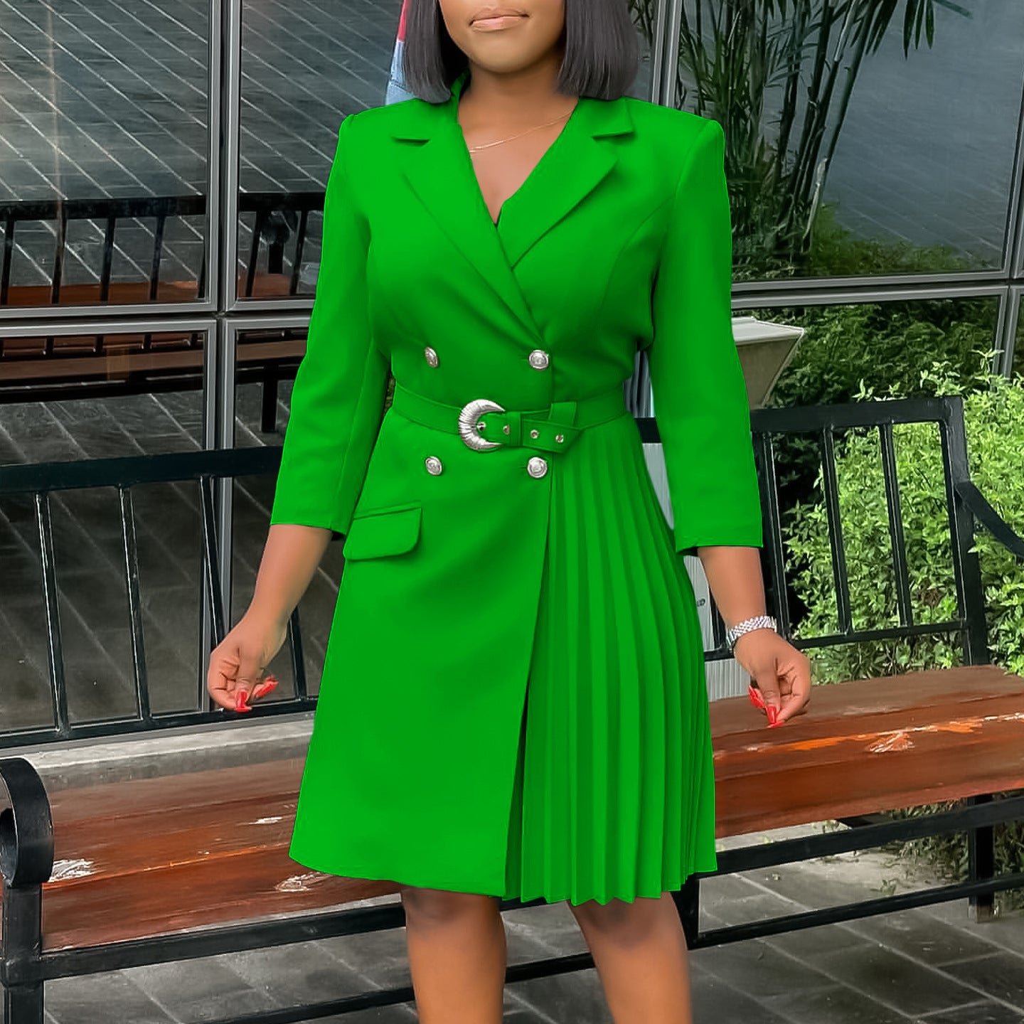 Women Pleated Patchwork Suit Dress 6