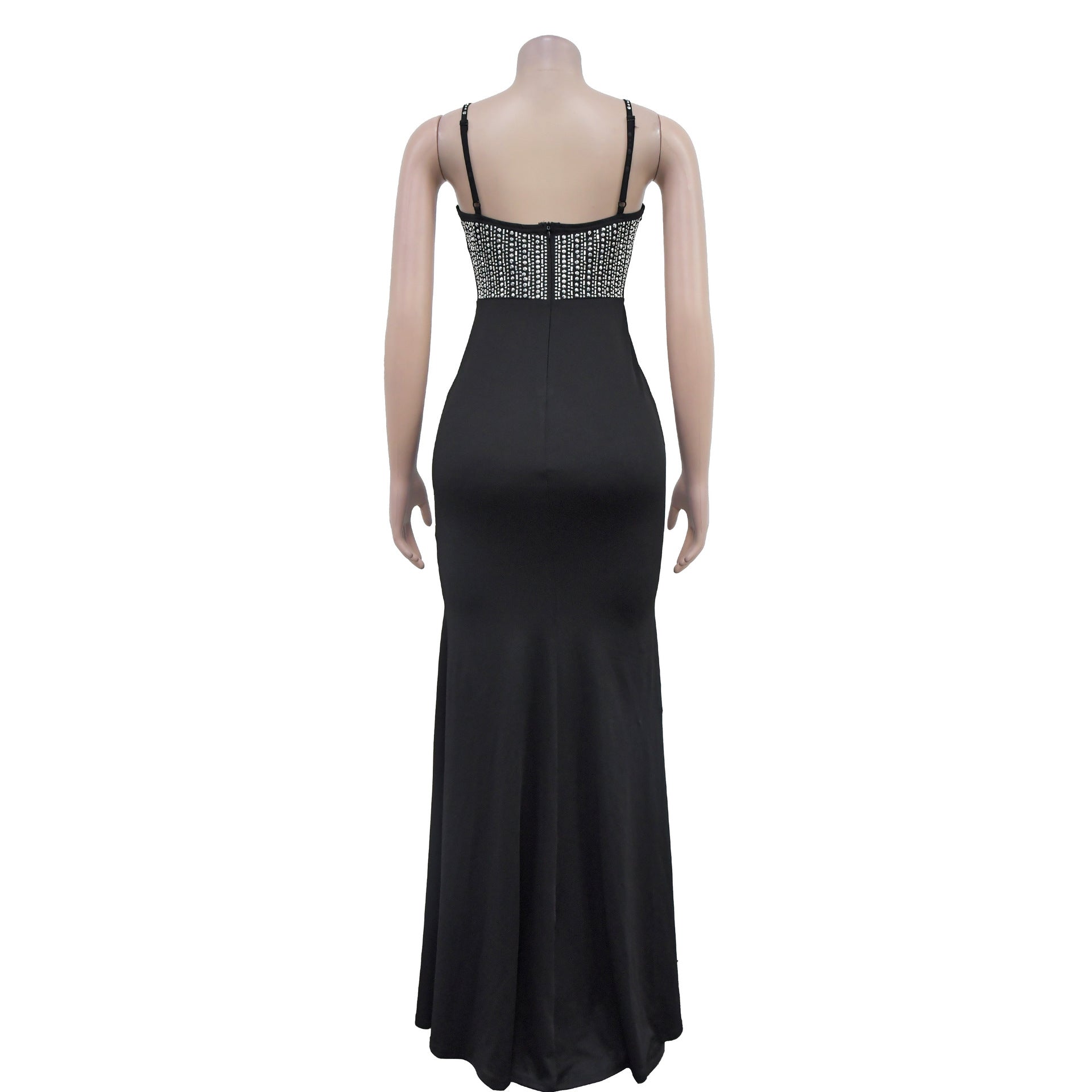 Fashionable Women's Strap V-Neck Beaded Slit Long Dress 15