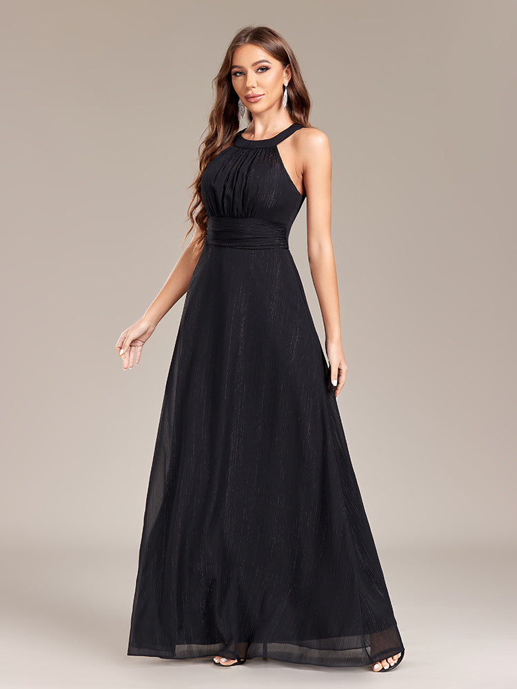 Halter Neck Low Back Pleated Slim Waist Formal Party Black Evening Gown 5