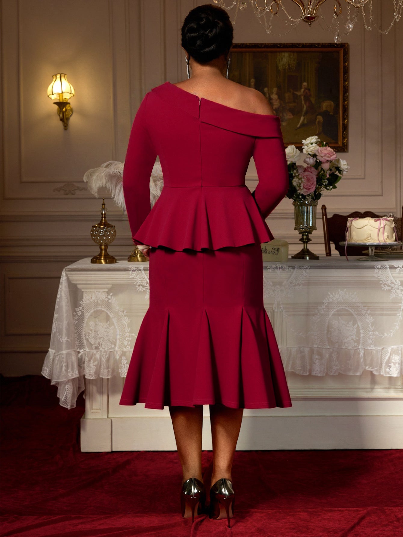 Plus-Size Women Burgundy One-Shoulder Ruffle Long-Sleeved Top Mermaid Skirt Elegant Two-Piece Suit 3
