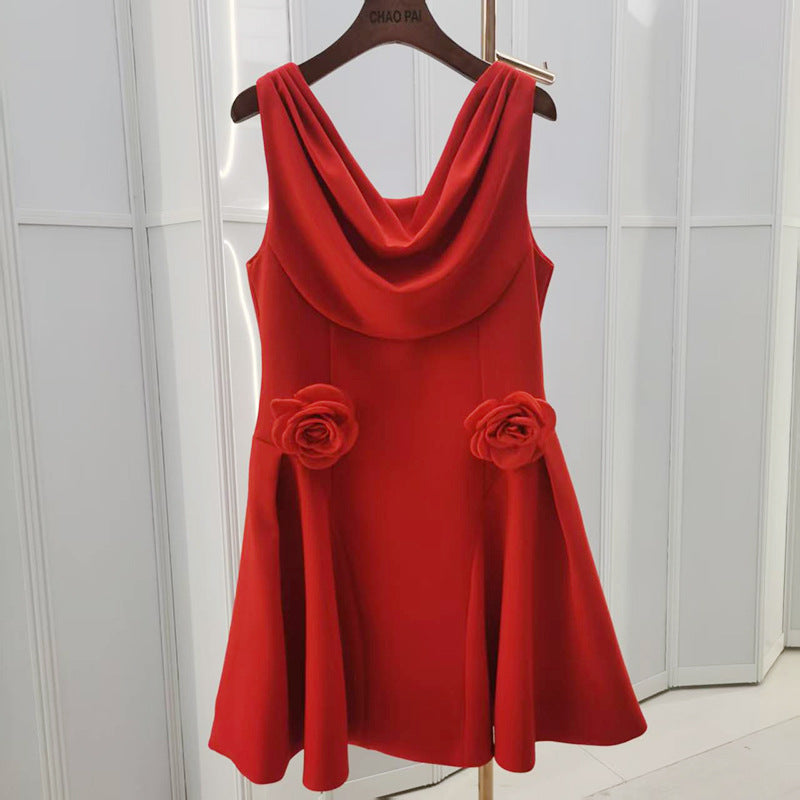 Women French Elegant Fall Swing Neck Floral Solid Dress 3