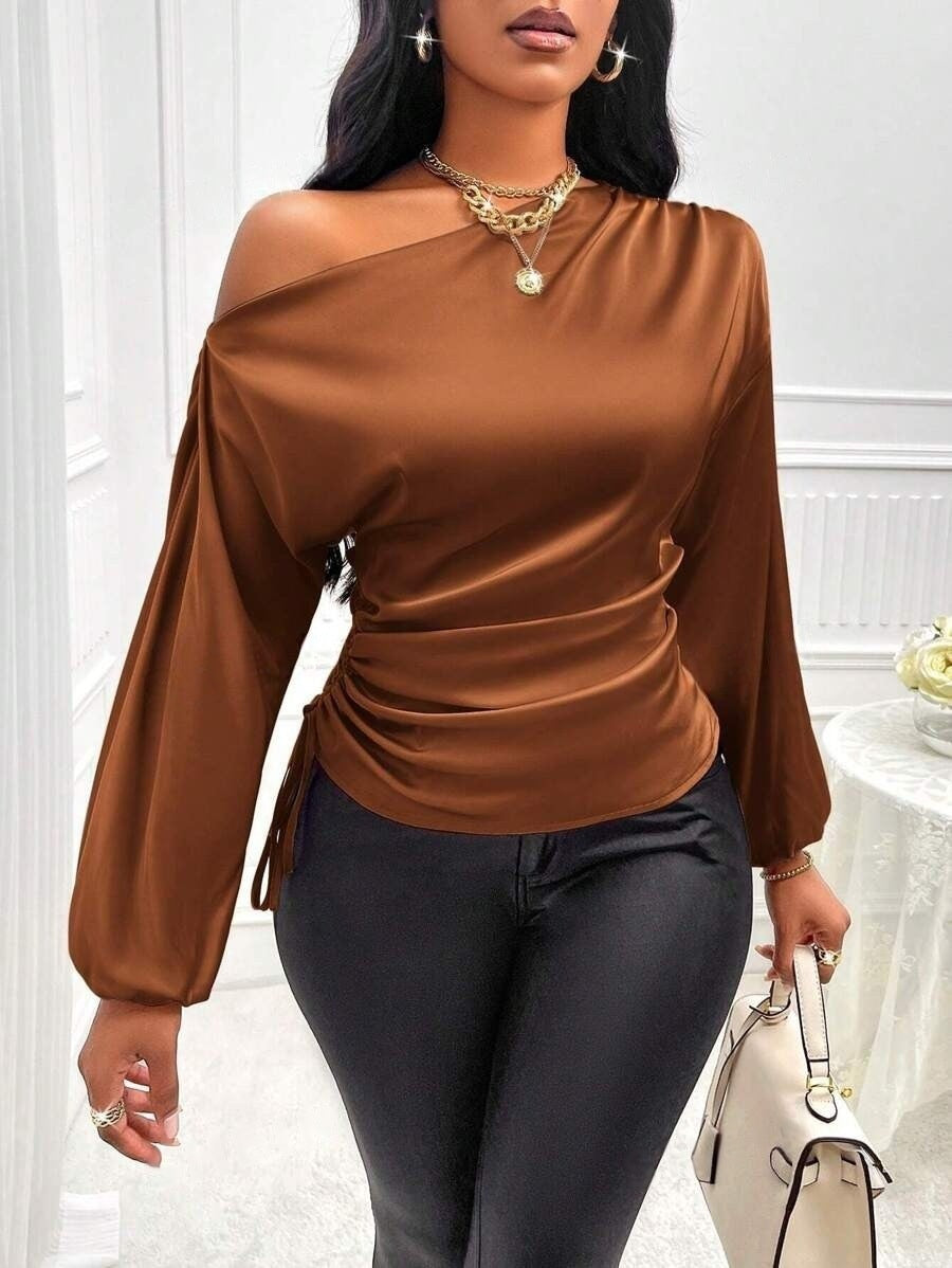 Women's Satin Shirt Asymmetric Slash Shoulder Long-Sleeve Blouse 14