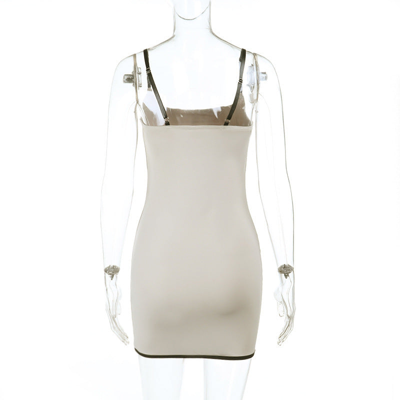 Women summer sexy contrast color suspender square neck Strap Dress 9