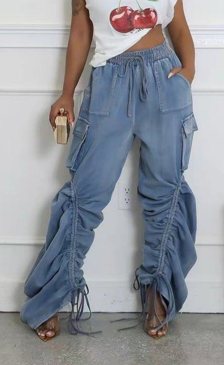 High Street Trendy Drawstring Pleated Loose Denim Pants 3