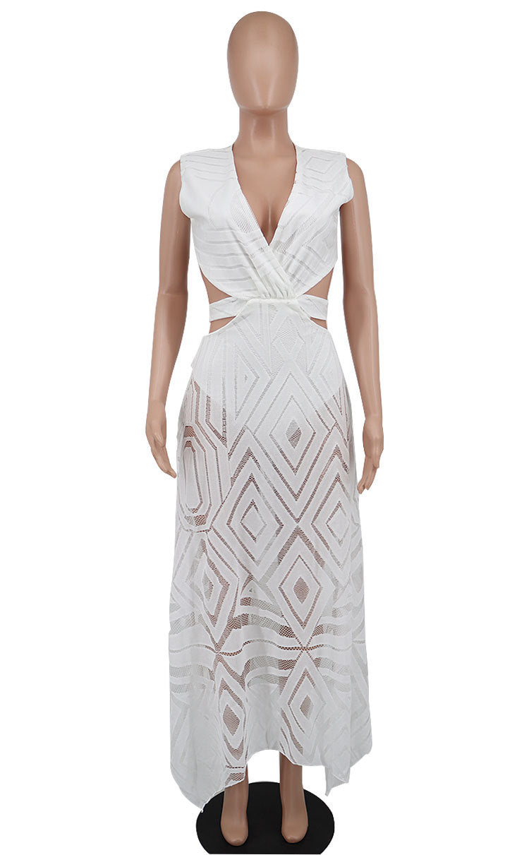 Women Clothing Summer Sexy Sleeveless V-Neck Waist Cutout See-Through Casual Women'S Maxi Dress 12