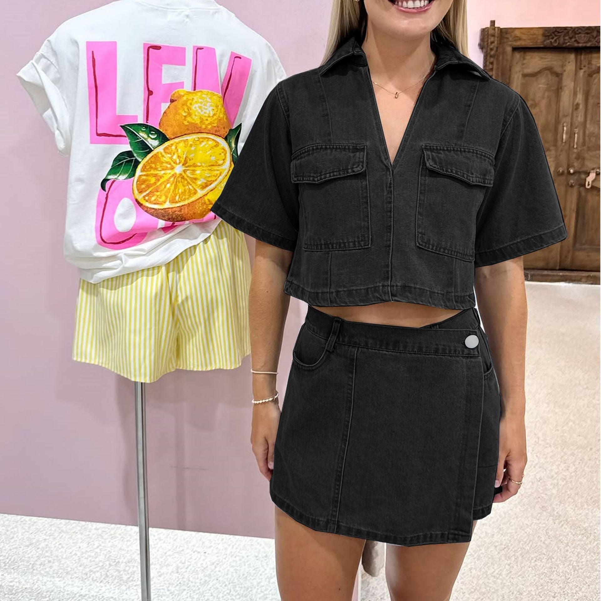 Summer V-Neck Top & High-Waist Denim Skort Set 5