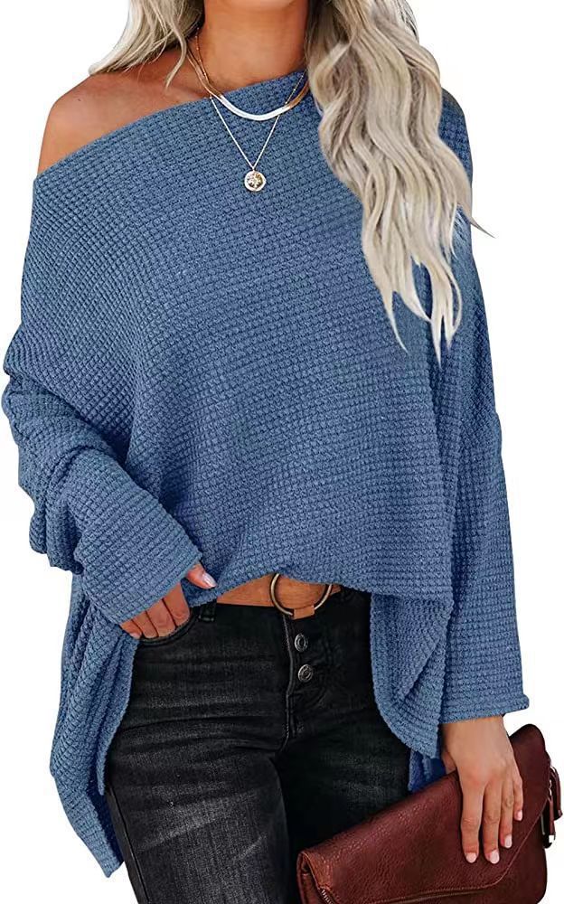 Women knitting waffle Slash Shoulder Top 12