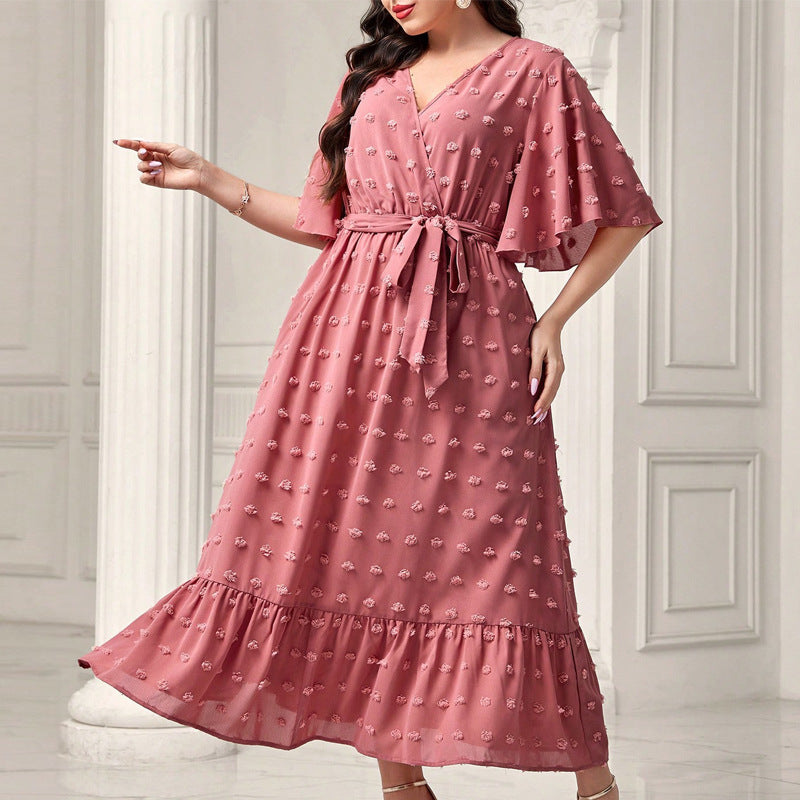Plus Size Women V-Neck Lace-Up Short Sleeve Maxi Dress 4