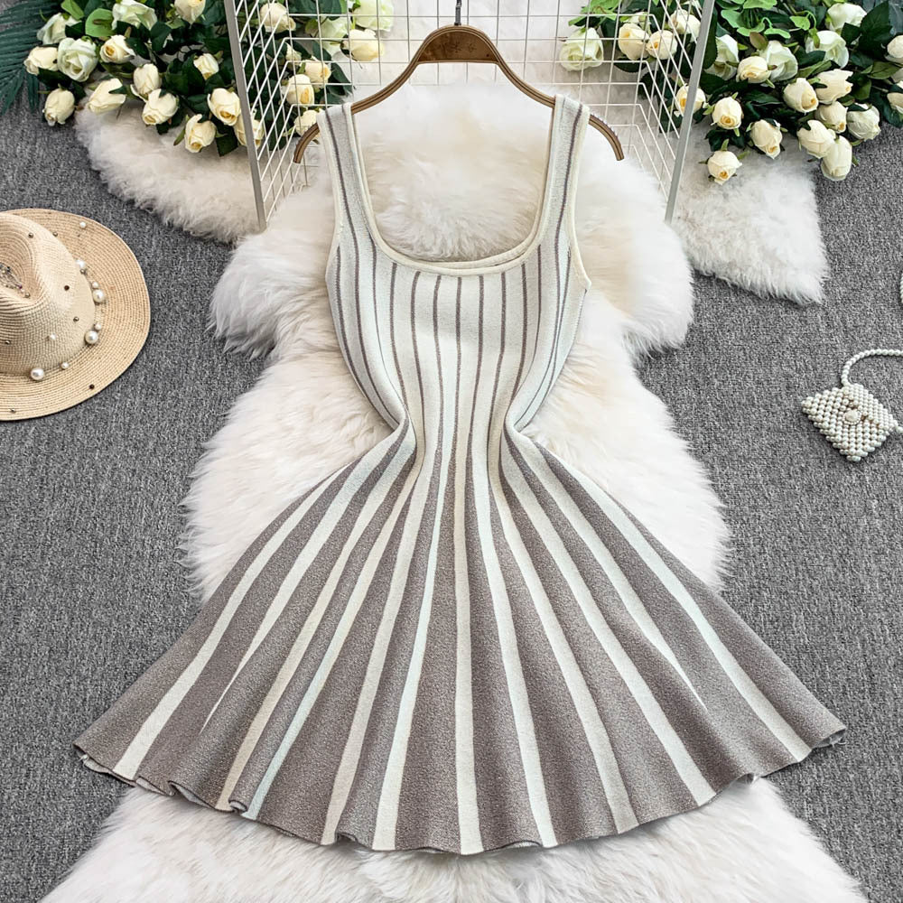 Chic Elegant Stripes Slim Waist Strap Knitting A-line Short Dress for Women 3