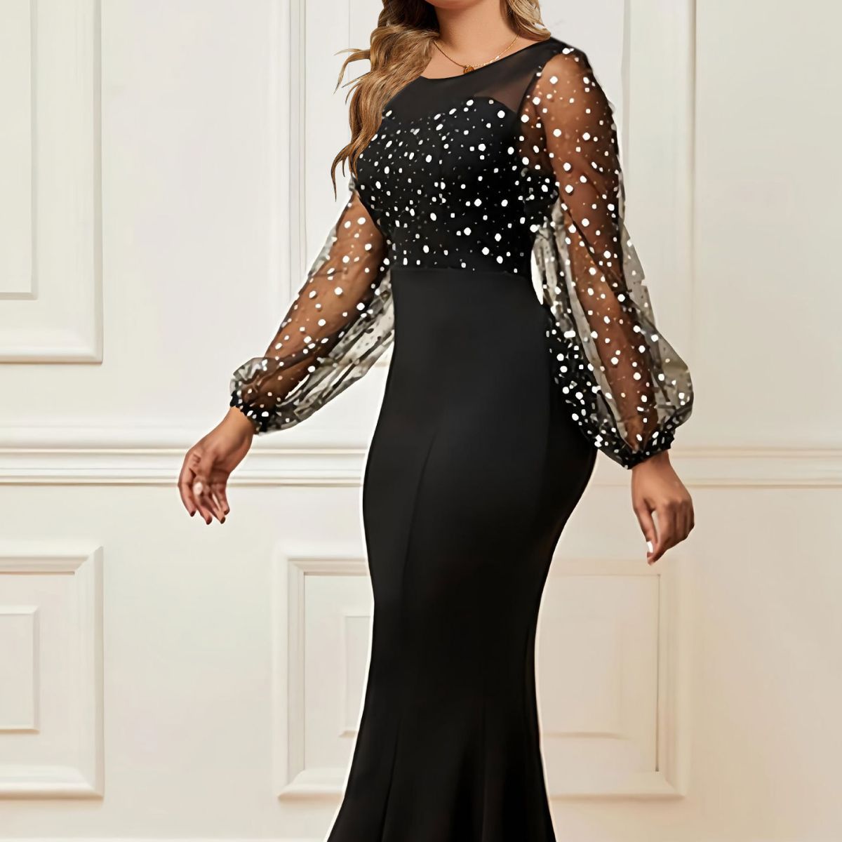 Mesh Patchwork Dress Women's Fashion Round Neck Long Sleeves Slim Elegant Dress Maxi Dress 8