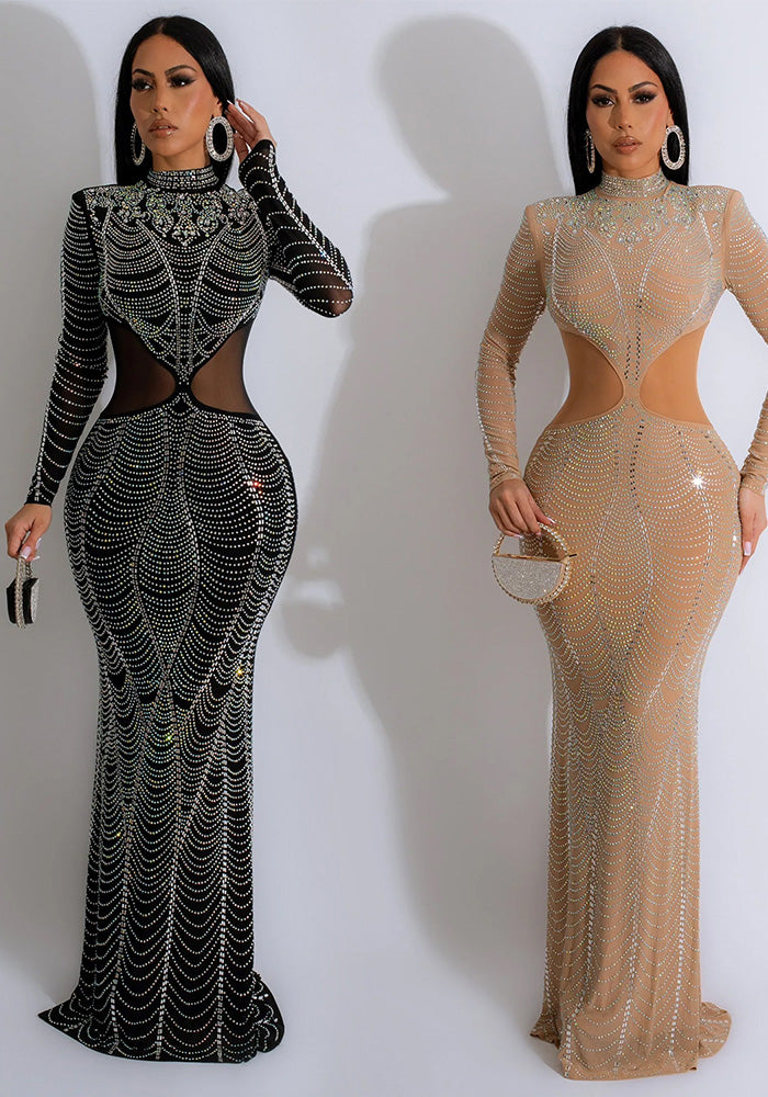 Fashion Women's Solid Color Mesh Beaded Long Dress