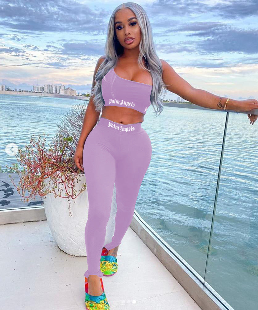 Women's Solid Color Fashion Letter Print Casual Tight Sports Two Piece Pants Set 10