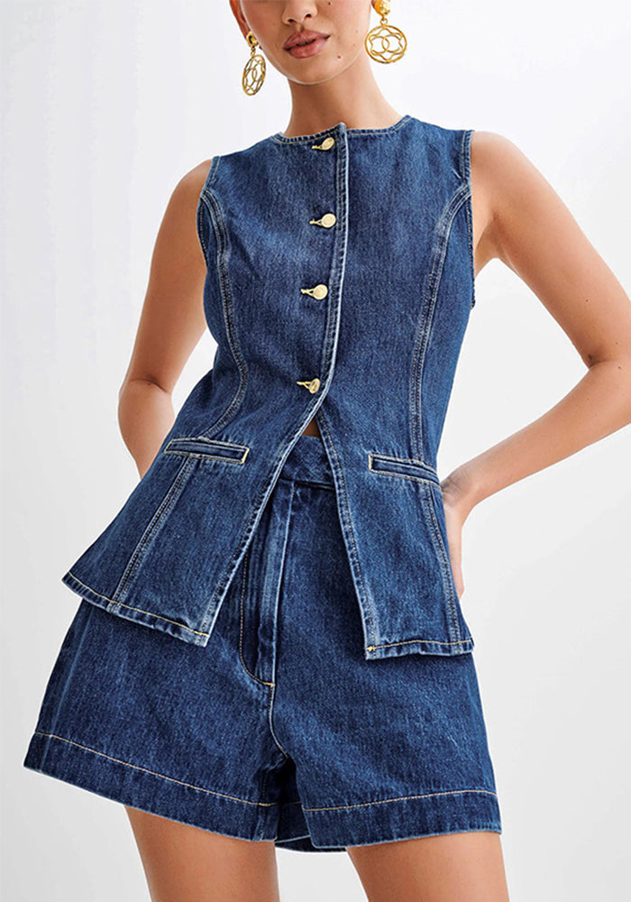 Summer Fashion Casual Sleeveless High Waist Women's Two Piece Denim Shorts Set