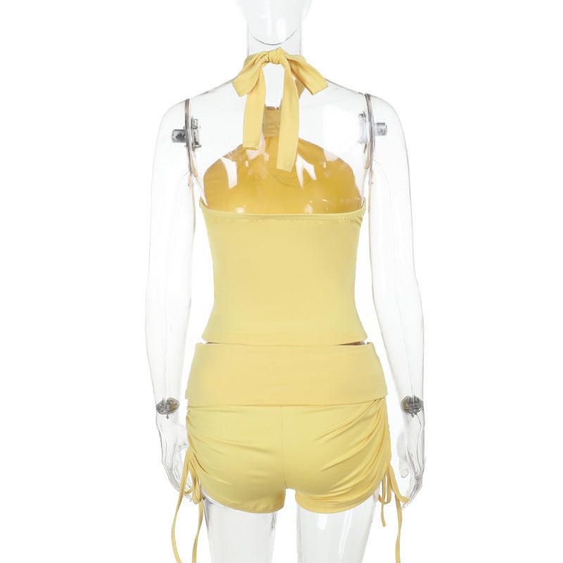 Women Summer Pleated Beaded Halter Neck Top And ShortsTwo Piece Set 7