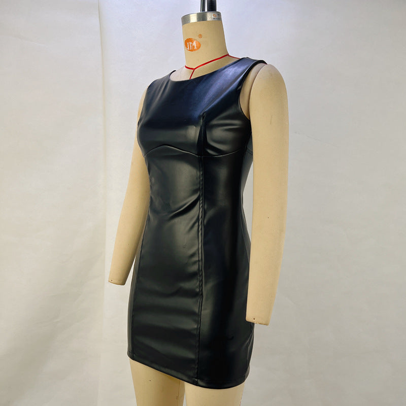 Women Spring Summer pu-Leather Sleeveless Bodycon Dress 10